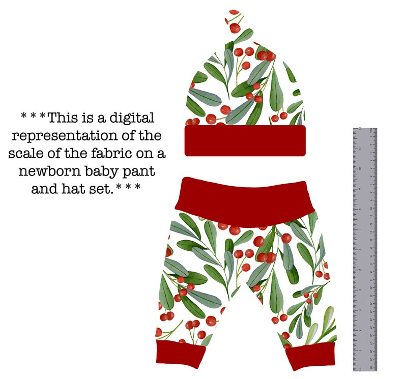 May include: A white and red baby hat and pants set with a holly berry and leaf pattern. The hat is a fold-over style and the pants have a red waistband and cuffs.