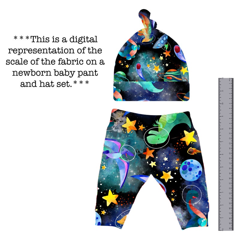 May include: A newborn baby pant and hat set with a space-themed print. The fabric features a dark blue background with stars, planets, and a spaceship. The pants are black with a blue, green, and yellow pattern. The hat is blue with a white knot on top.