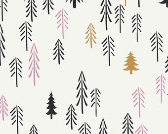 May include: A seamless pattern featuring black, pink, and gold stylized pine trees on a white background.