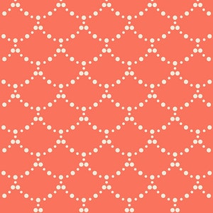 May include: A seamless pattern with a repeating hexagonal design. The hexagons are made up of small white circles on a coral background.