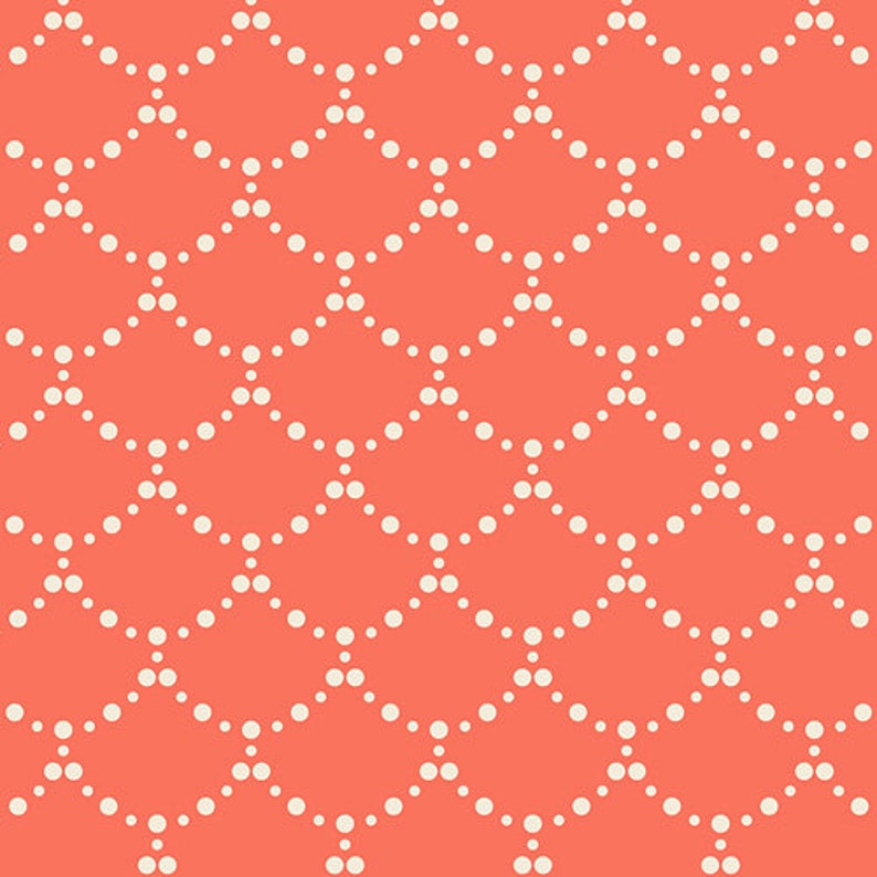 May include: A seamless pattern with a repeating hexagonal design. The hexagons are made up of small white circles on a coral background.