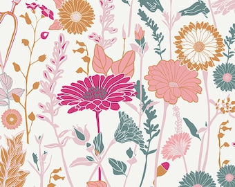 Tessuto floreale Flower Field Bachelorette AGF KNIT Tessuto di cotone Jersey Tessuto a righe rosa verde acqua oro marrone chiaro Tessuto elasticizzato Art Gallery