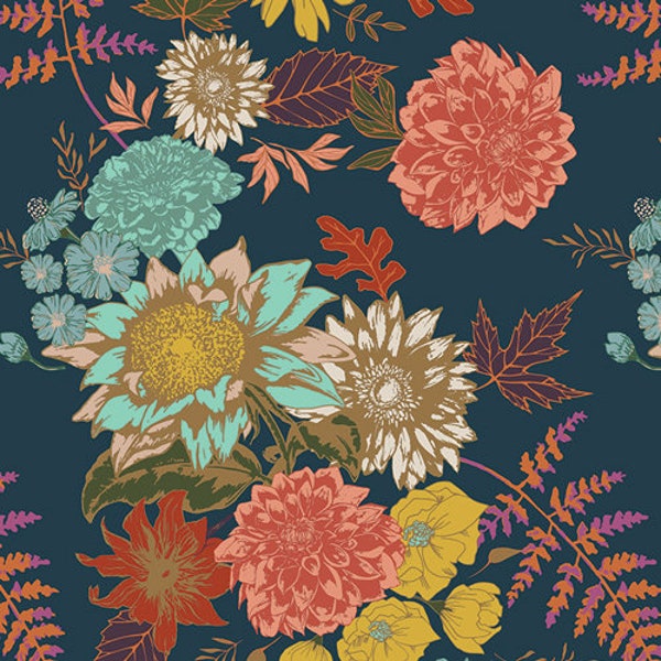 Floral Glow Twilit in STRICK AGF Teal Herbst Floral Baumwolle Elasthan Stretch Stoff Jersey Strick Art Gallery Apparel Fabric Herbst Vibes