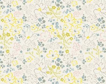 Può includere: Uno schema senza cuciture con una varietà di fiori stilizzati in tonalità di giallo, rosa e grigio su uno sfondo crema.