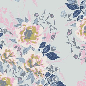 Wild Posy Ethereal in gebreide stof AGF KNIT bloemenstof katoenstof jersey tropische bloemen roze blauwe bloemenstof kunstgalerie stretchstof