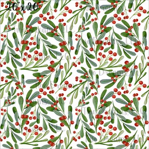 May include: A seamless pattern featuring a repeating design of green leaves and red berries on a white background. The pattern is perfect for use in crafting, scrapbooking, and other creative projects.