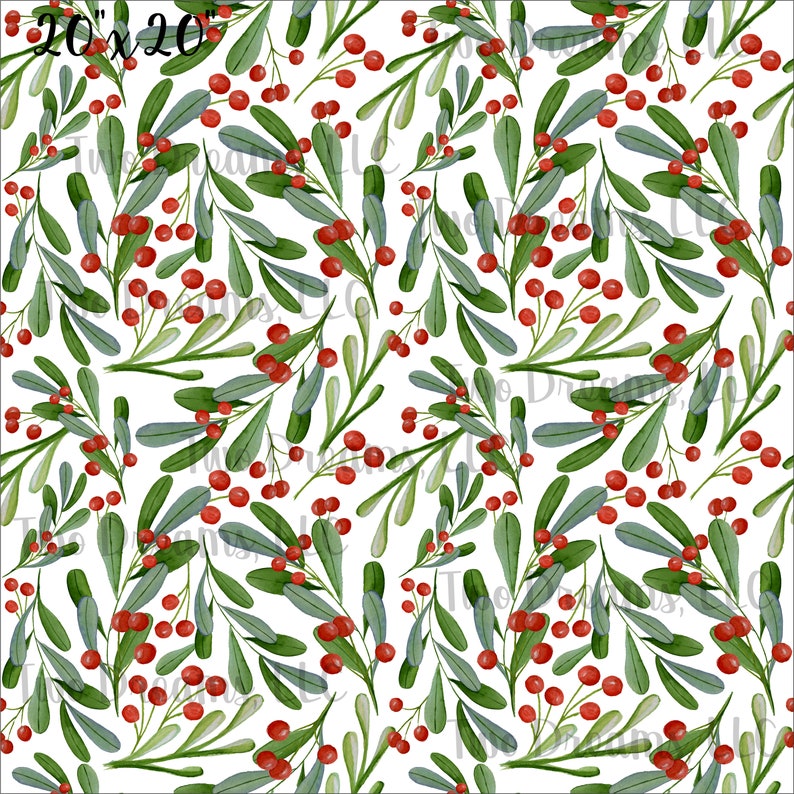 May include: A seamless pattern featuring a repeating design of green leaves and red berries on a white background. The pattern is perfect for use in crafting, scrapbooking, and other creative projects.