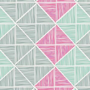 May include: A seamless pattern with a geometric design featuring overlapping triangles in shades of pink, green, and grey. The triangles are filled with horizontal stripes.