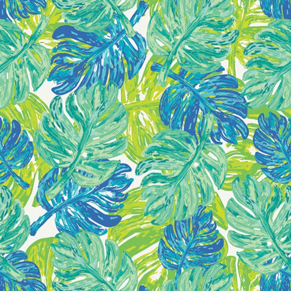 Palmrise Aruba Ocean in Knit AGF KNIT Cotton Spandex Fabric Jersey Knit Art Gallery Tropical Palm Branches Beach Palm Trees AGF Green Blue