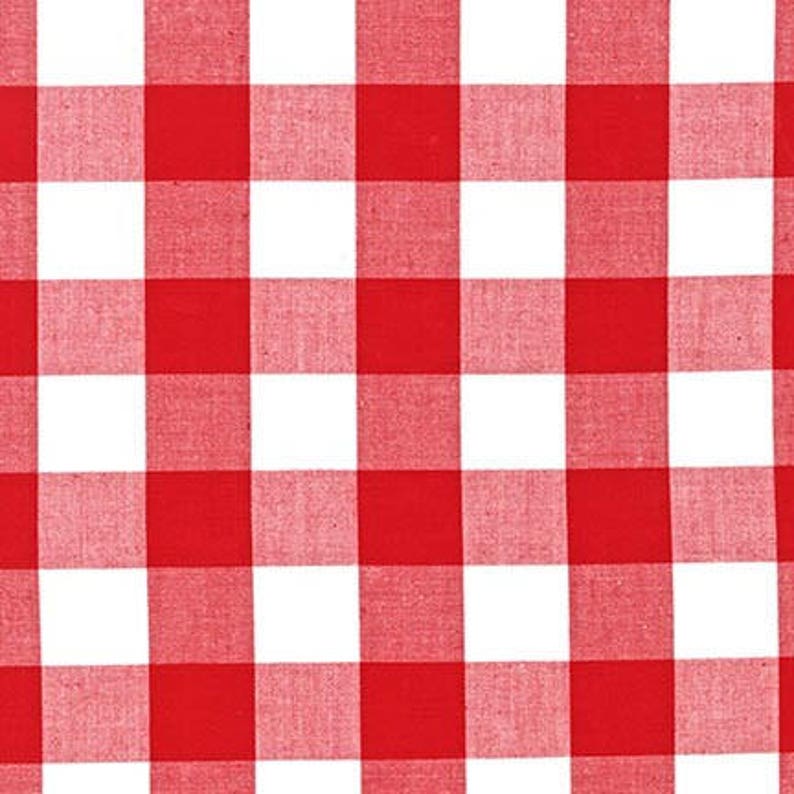 May include: Red and white checkered fabric with a gingham pattern.