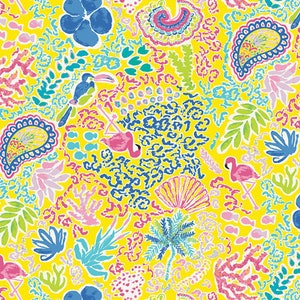 May include: A yellow background with a colorful tropical pattern. The pattern includes pink flamingos, blue toucans, green palm trees, and paisley designs.