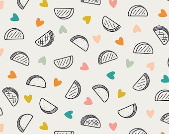Taco Love Light AGF KNIT Cotton Spandex Fabric Jersey Knit Fabric Art Gallery Tacos Heart Valentine Taco Fabric AGF Cotton Spandex Knit