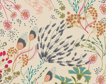 Prado vívido en tejido de punto AGF KNIT Tejido floral Tejido de algodón Jersey Tejido de algodón y spandex con flores silvestres en color tostado Tejido elástico de galería de arte para niñas