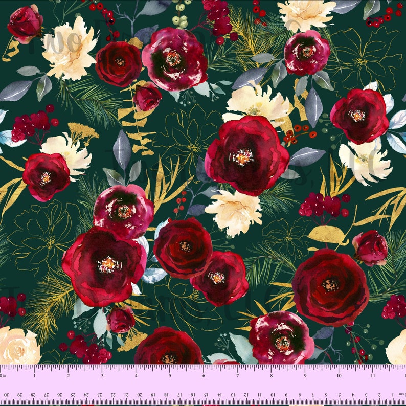 May include: A seamless pattern featuring red and white watercolor flowers, gold leaves, and green foliage on a dark green background.