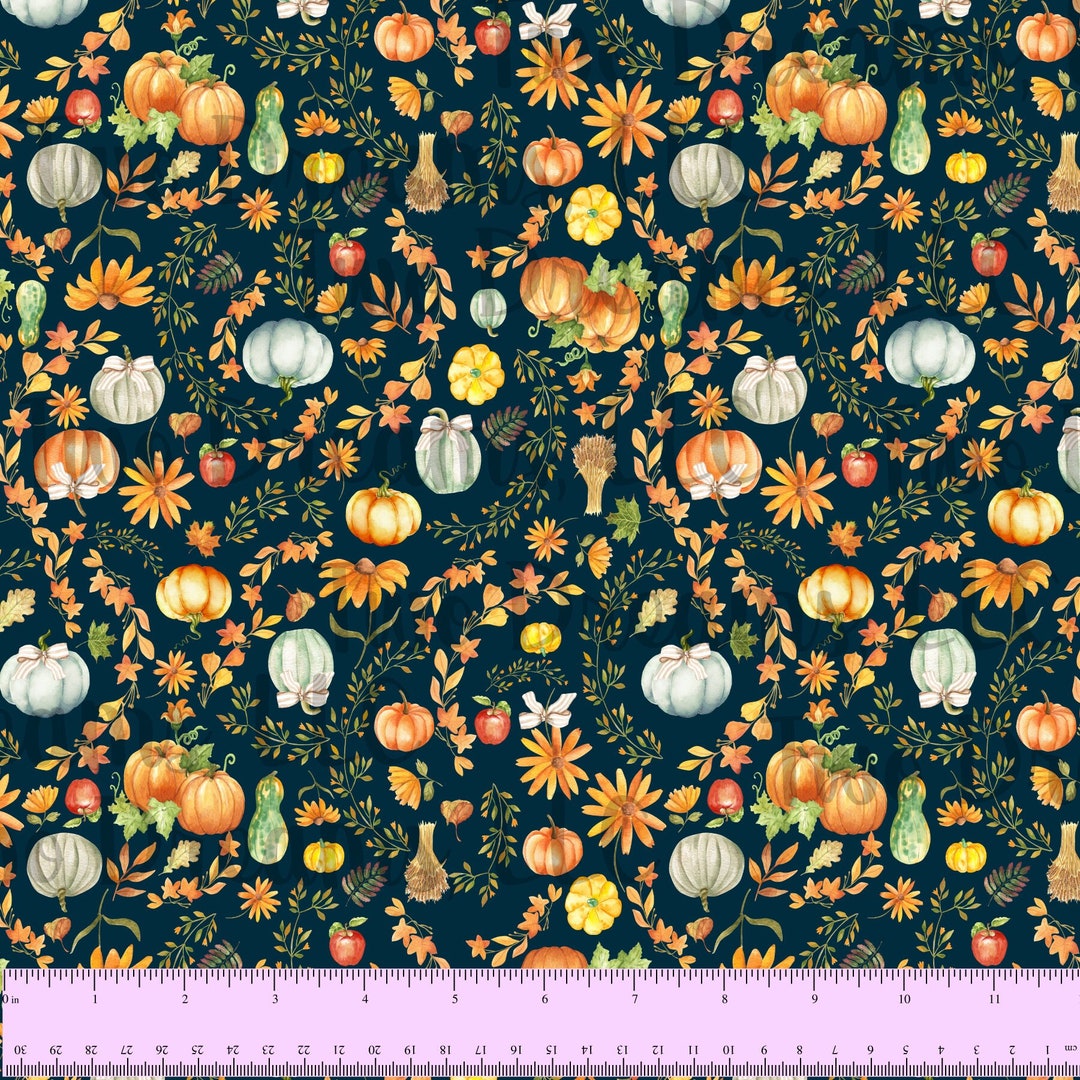 Teal Fall Pumpkin Floral Fabric Jersey Knit Cotton Spandex Cotton Knit ...