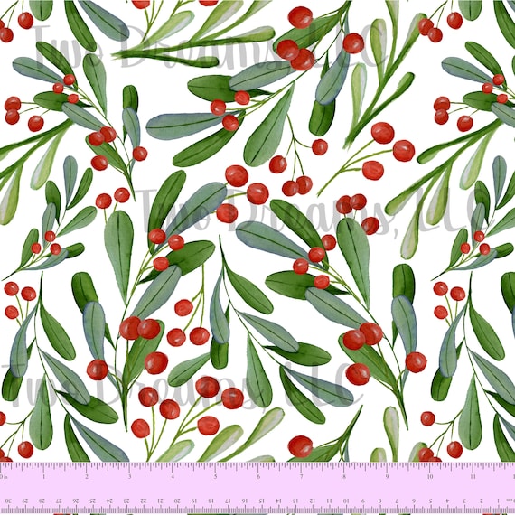 Watercolor Mistletoe and Red Berries Cotton Spandex Jersey Knit Winter Berries Watercolor Christmas Fabric Winter Greenery Holly Red Green
