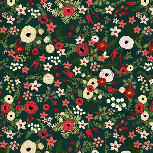 Christmas Jersey Knit Floral Christmas Winter Berries Cotton Etsy