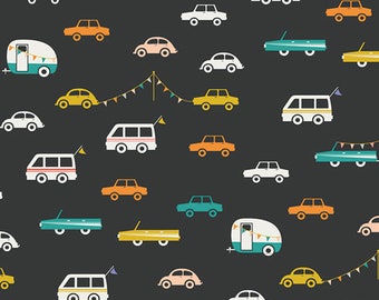 Joyride Night in Knit AGF KNIT Campers Cars Vacation Cotton Spandex Fabric Jersey Knit Art Gallery Tropical  AGF Teal Orange Gray Yellow