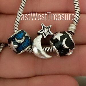 Crescent moon Star charm, moon stars blue Charm, Night sky moon stars bead, For DIY European and Pandora bracelet