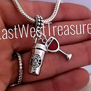Coffee Wine Charm, Coffee Now Wine Later Charm, Necklace, Keychain- Coffee Wine and friends Jewelry gift for Women Her