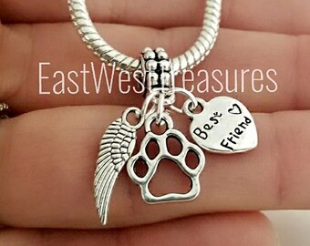 Pet Cat Dog Loss Memorial Paw print Pawprint with Angel Wing Charm Bracelet Necklace for Pandora