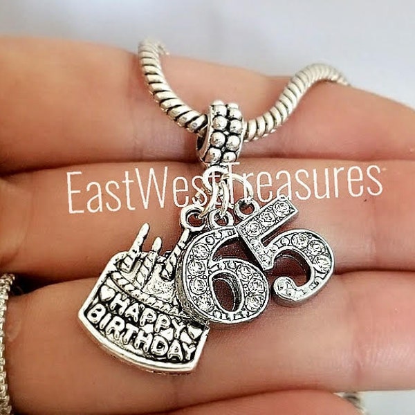 65th birthday Jewelry gifts for Women, Number 65 Birthday Cake Charm, Charm Bracelet Necklace Keychain, Jewelry for 65 year old