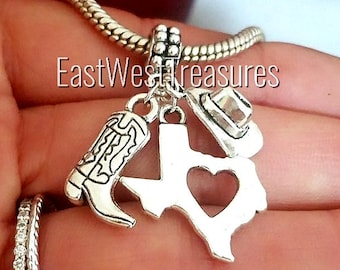 Texas Theme Charm Bracelet Necklace Keychain Purse Charm with State of Texas Map Texan Cowboy boots Charm