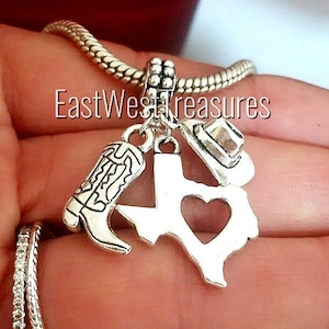 Texas Theme Charm Bracelet Necklace Keychain with State of Texas Map Texan Cowboy boots Charm