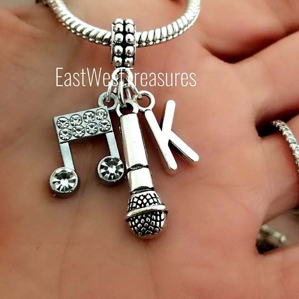 Microphone music note Charm, Microphone with Initial Charm, Singer Charm, with microphone, Bracelet, Necklace, Keychain, Singing Jewelry