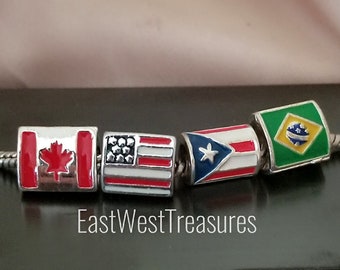 Dije de la bandera canadiense - Dije de la bandera de Puerto Rico - Dije de la bandera de Brasil - Dije de la bandera estadounidense para pulseras de dijes europeas hechas a mano