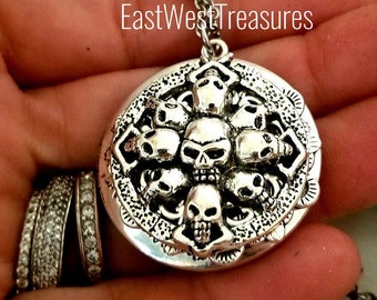 Men's Skull Photo Locket Pendant Necklace Personalized with Picture Message Gothic Crossbones Locket for him