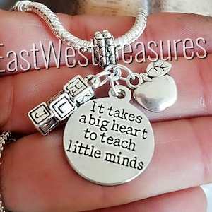 Teacher&#39;s Apple Gift for Teacher ABC Charm Bracelet Necklace Keychain for Teachers, It takes a big heart to teach, For Pandora