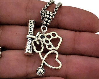 Vet Tech Veterinary Graduation Gift for Technician Vet Tech Women, Charm Bracelet Necklace