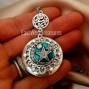 Silver crescent moon Star Stardust Locket Charm Necklace Personalized with Photo Picture for girls women