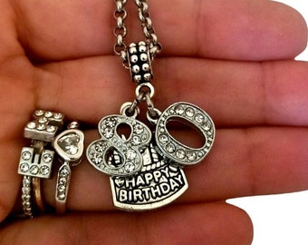 Silver Birthday Charm Bracelet Necklace Keychain for Women 80th 81st 82nd 83rd 84th 85th 86th 87th 88th 89th Birthday