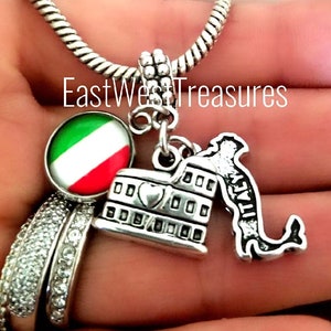 Silver Boot of Italy Map Italian Flag Map of Italy Roman colosseum Charm Bracelet Necklace Travel Landmark