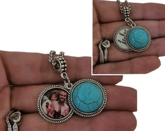Silver Turquoise Charm Necklaces Personalized with Custom Photo or Message for Girls Women