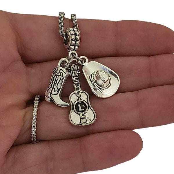 Nashville Tennessee Country Music Guitar Southwestern Cowboy Hat Boots Western Cowgirl Necklace Keychain Jewelry fit Pandora Charm Bracelet