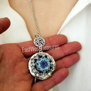 Sapphire Blue Crystal Bridal wedding something Blue Photo Locket Necklace Personalized with Custom Photo Picture Message