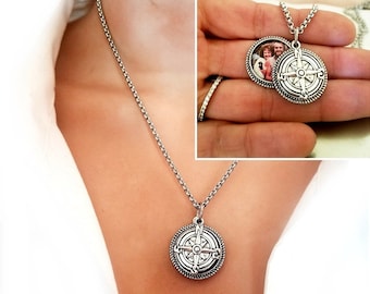 Personalized Compass Charm Necklace with Custom Photo or Message for Women Girls