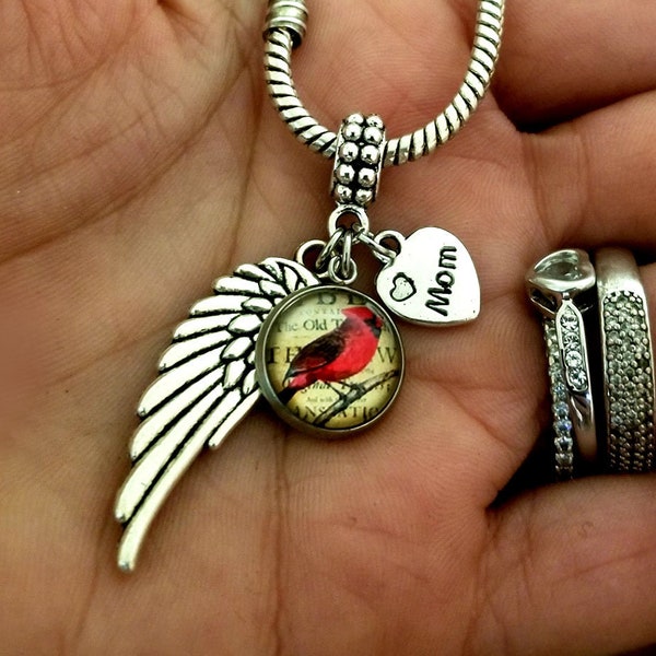 Mom Cardinal, Sympathy Keepsake Gift after Losing Loss Passing Of Mother, Mom Angel charm, for Pandora, Charm Bracelet Necklace Keychain