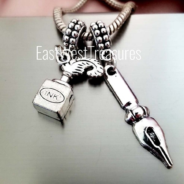 Fountain Pen Nib and Ink Charm Bracelet Necklace Keychain, Calligraphy Writer Author Jewelry gift for Men women