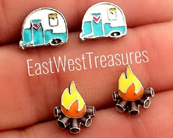 Camper camp fire stud earrings-Ear jackets-Camping lantern Camp earrings-Jewelry for women her