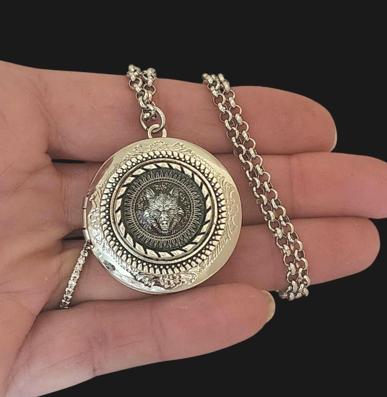 Celtic Wolf Silver Photo locket necklace personalized with picture message for men women