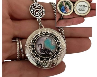 Mystical Dragon Fantasy Photo Locket Pendant Charm Necklace Personalized with Picture Photo or Message for Women