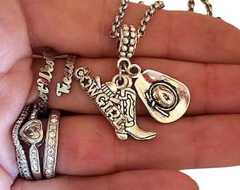 Cowgirl Cowboy boots Hat Charm Bracelet Necklace Keychain