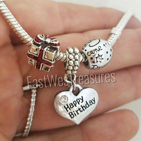 Happy Birthday Gift Charm Bead, for fit European and Pandora Style Charm Bracelets, for Girls Women