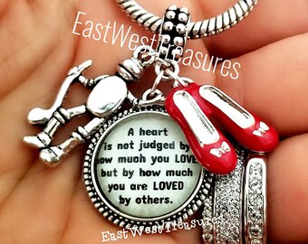 Inspiring Tinman Quote Charm Bracelet Necklace Keychain, Heart is not judged by how much you love