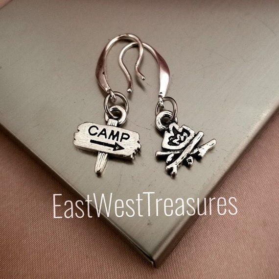 Camper camp fire stud earrings-Ear jackets-Camping lantern Camp earrings-Jewelry for women her