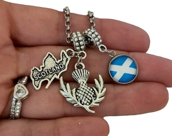 Scottish Flag Map with Thistle Flower National Emblem Charm Necklace Keychain fit Pandora Charm Bracelet unisex